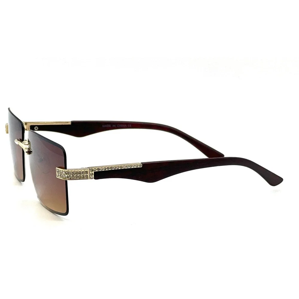 Rimless Sunglasses Men Square‎ Rhinestone Brown Lens Fashion Shades Street Wear